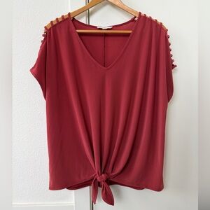 PerSeption Concept Dark Pink V Neck Tie Front Top with Cut-out sleeves